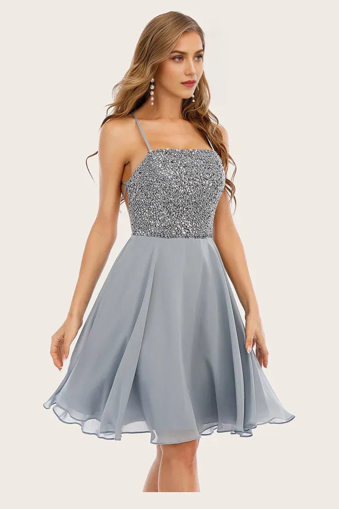 Weitese Dress Grey Beaded Short Spaghetti Straps Homecoming Dress Sequins Strapless Party Dress